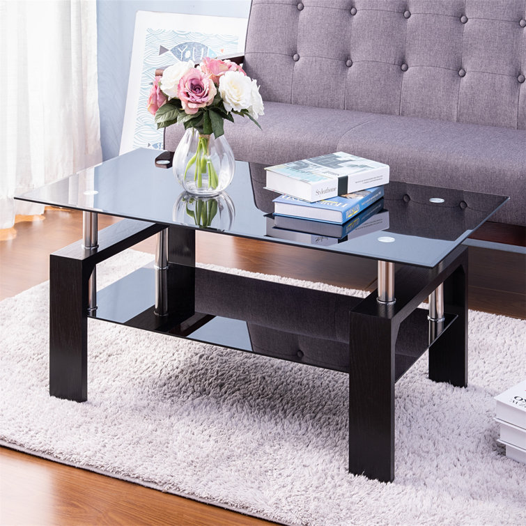 Ivy Bronx Black Highlight Glass Top Cocktail Coffee Table With Wooden