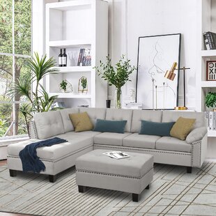 Sectional Sofa Set With Chaise Lounge And Storage Ottoman Nail Head Detail (Grey) by Latitude Run