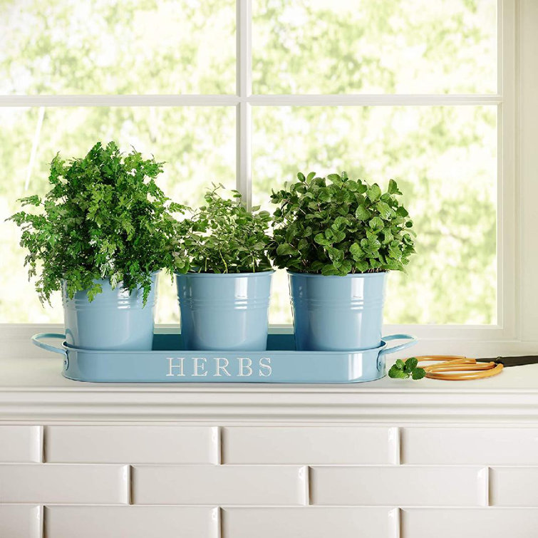 Enamel Metal Urn Planter Vase Pale Blue 