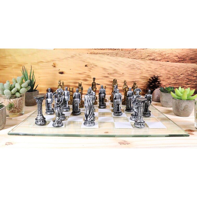 Kingdoms at War Egyptian VS Roman Resin Chess Pieces With Glass Board Set 11070 