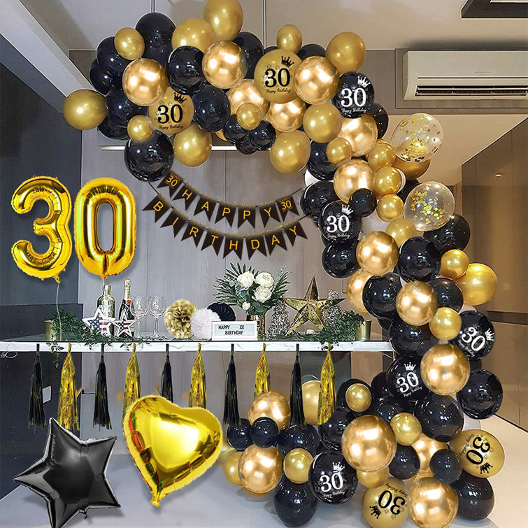 Yansion 39 Piece 30th Birthday Black Gold Party Decoration With Banner Confetti Hot Air And Heart Foil Balloons Wayfair