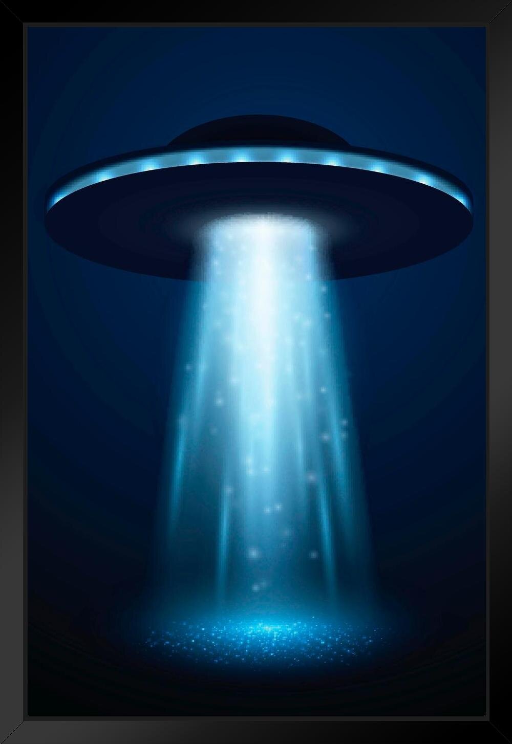 Trinx UFO Spaceship With Light Beam On Blue Background Art Print Black ...