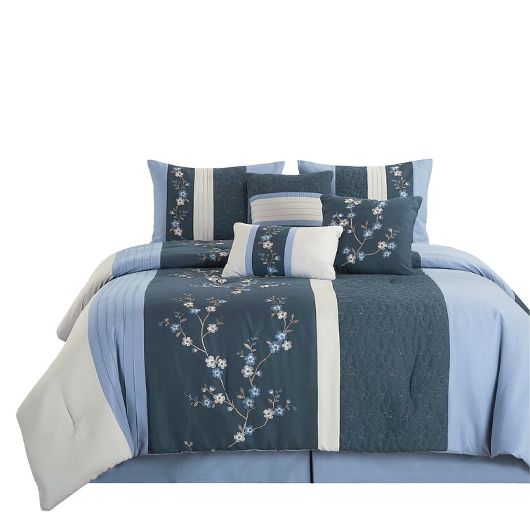 BEAUTIFUL MODERN CHIC BLUE NAVY BEIGE TAUPE FLORAL LEAF COMFORTER SET & PILLOWS