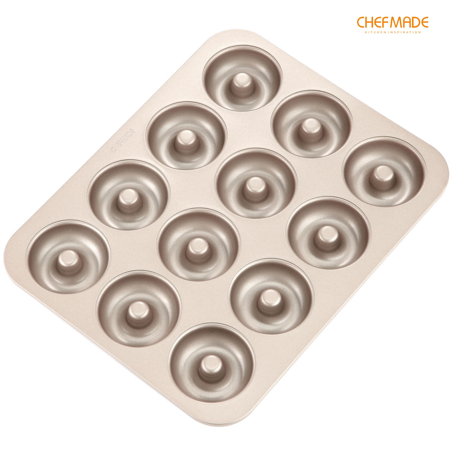 12-Cavity Non-Stick Ring Doughnut Bakeware for Oven Baking Champagne Gold CHEFMADE Donut Mold Cake Pan 