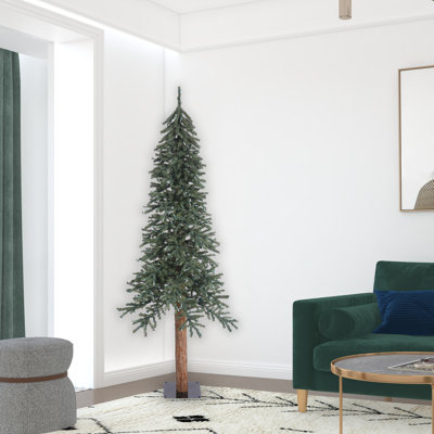 Natural Bark Alpine 7\u0027 Green Pine Artificial Christmas Tree with Bark Trunk and Metal Stand