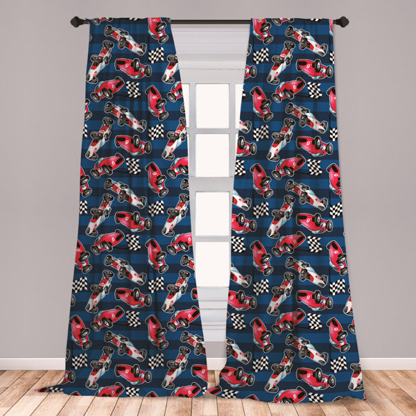 East Urban Home Ambesonne Cars Curtains Vintage Racing Cars On Blue Stripes With Checkered Flags Automobile Sports Window Treatments 2 Panel Set For Living Room Bedroom Decor 56 X 63 Navy Blue