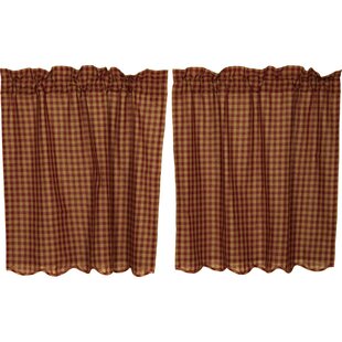 Cafe Curtains 24 inch Tiers Burgundy Red Tan Check Embroidered Stars 