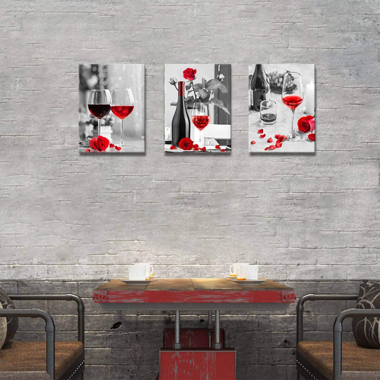 Kitchen Pictures Wall Decor Red Wine Black And White Bottle Red Rose Wine  Glass 3 Pieces Canvas Wall Art For Dining Room Kitchen Artwork For Home ...