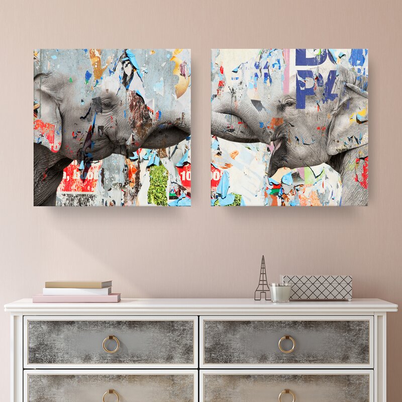 'Saddle Ink Elephant VI' - 2 Piece Wrapped Canvas Print Set