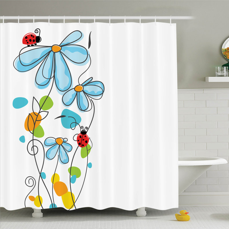 Zoomie Kids Lizbeth Cartoon Ladybugs Flowers Shower Curtain Set