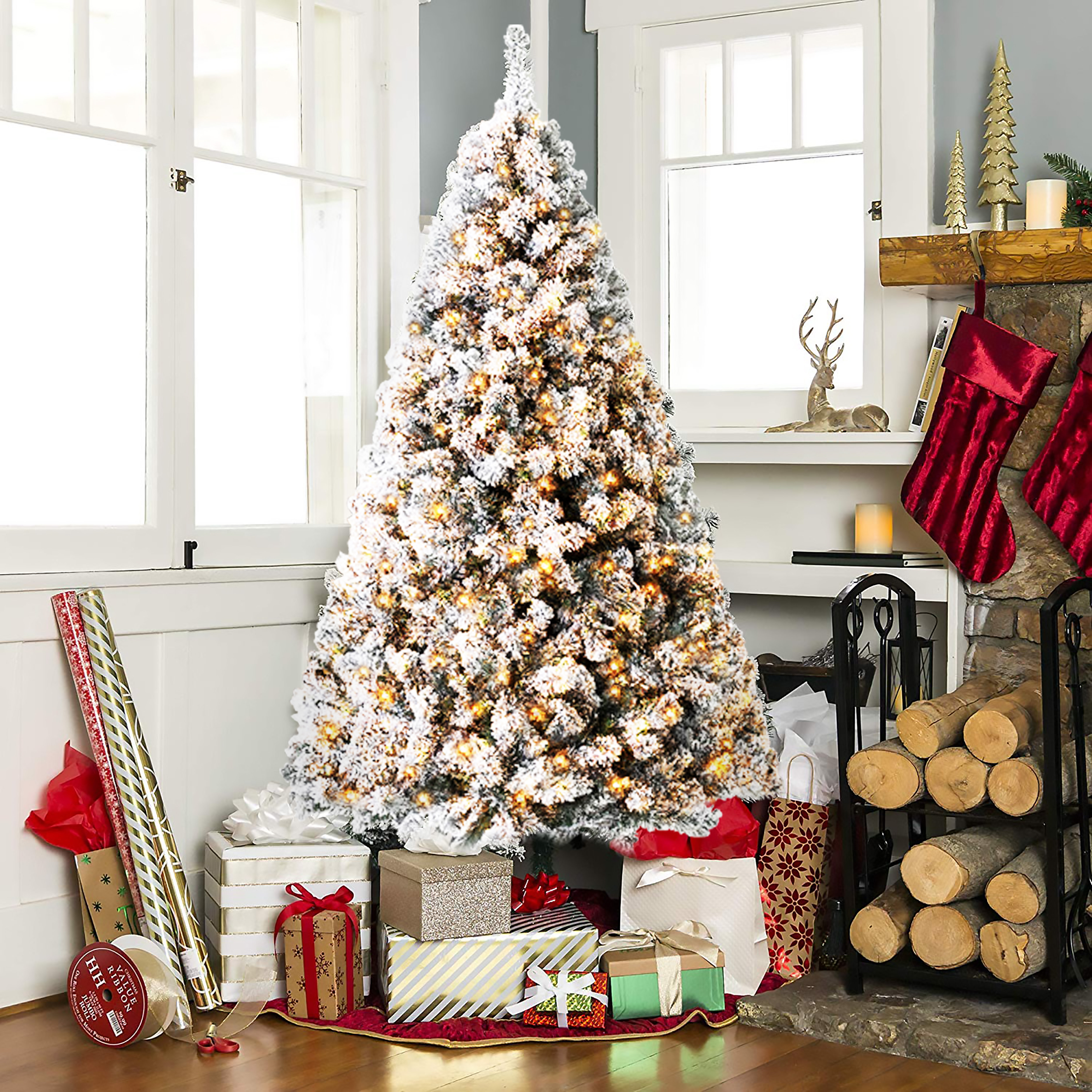 The Holiday Aisle 7 4 Snow Flocking Fir Artificial Christmas Tree With 610 Yellow Lights Reviews Wayfair