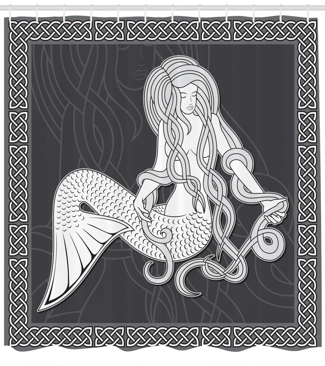 Powder Room Black Haired Mermaid Flowers Bathroom Wall Art
