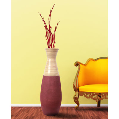 Harlow 31.5 inch Tall Bamboo Floor Vase, Burgundy and Natural Finish, Decorative Accent