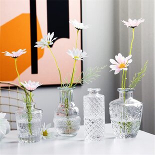 Glass Bud Vases Embossed Chic Plant Floral Vase Clear Bottle Geometric Stripe 6 