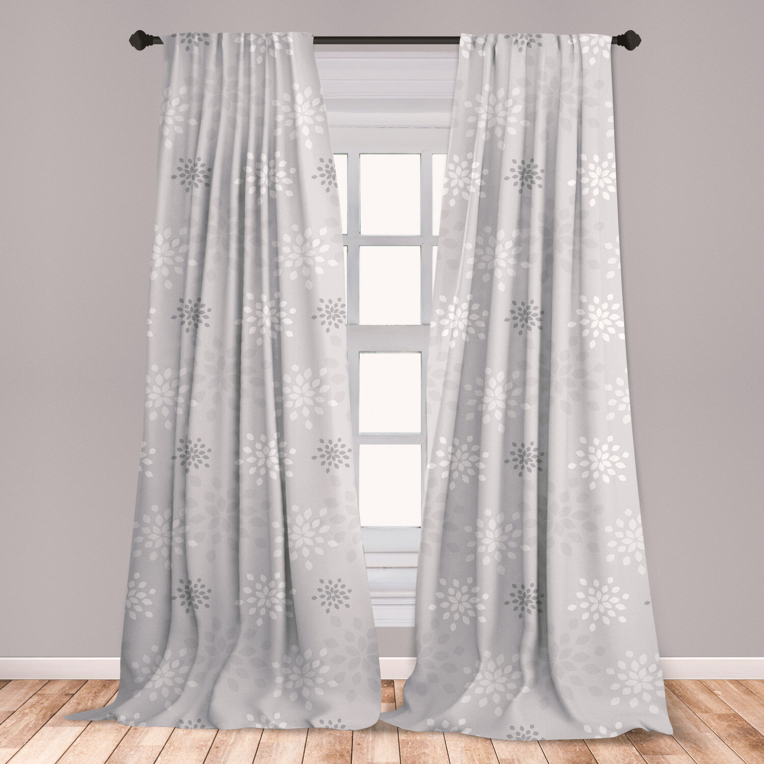 East Urban Home Ambesonne Grey And White Curtains Shabby Form Simplistic Flourishing Floral Nature Beauty Ornamental Romantic Window Treatments 2 Panel Set For Living Room Bedroom Decor 56 X 63 Grey White