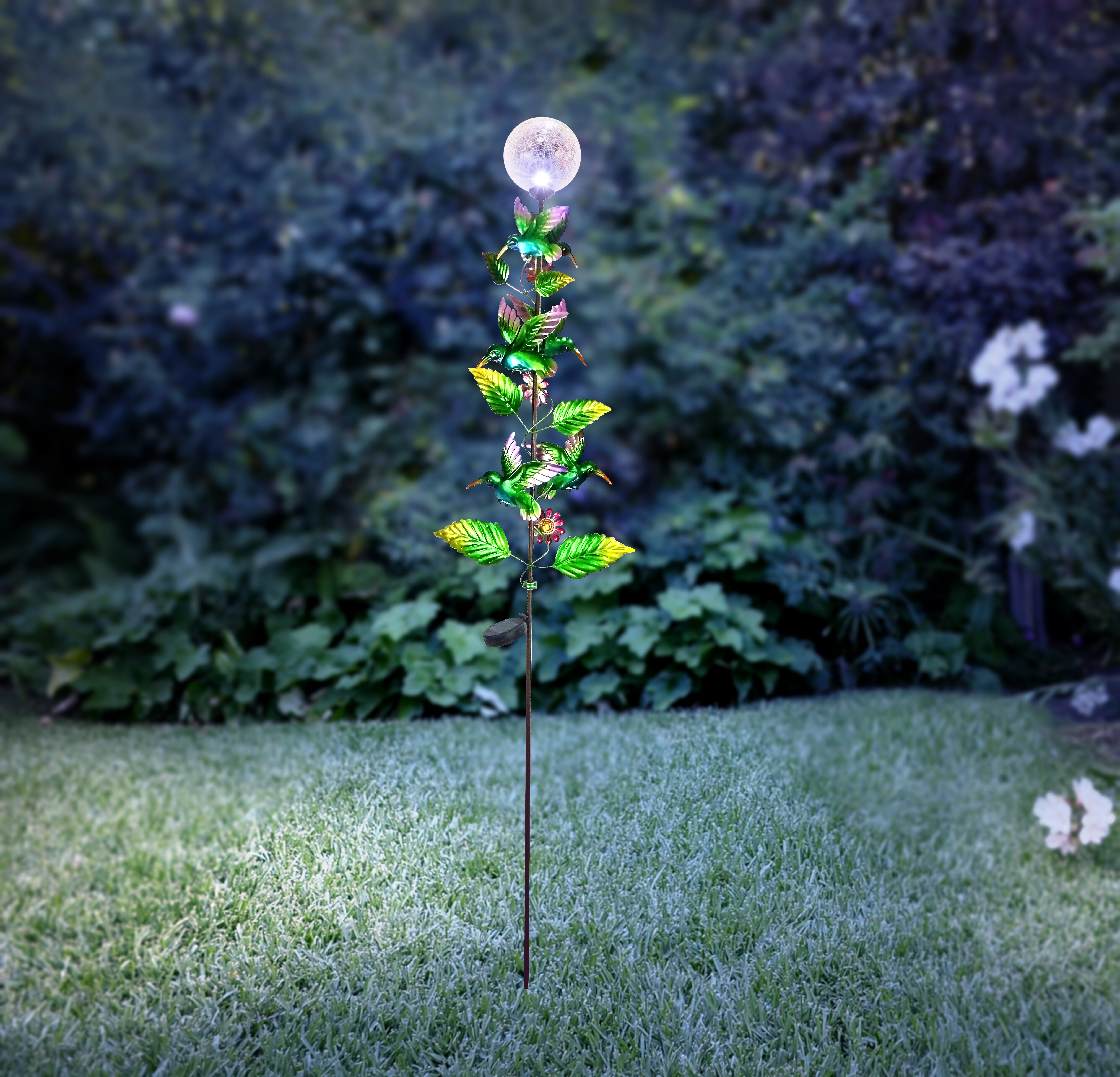 gertrude solar powered ball and metal hummingbird garden stake