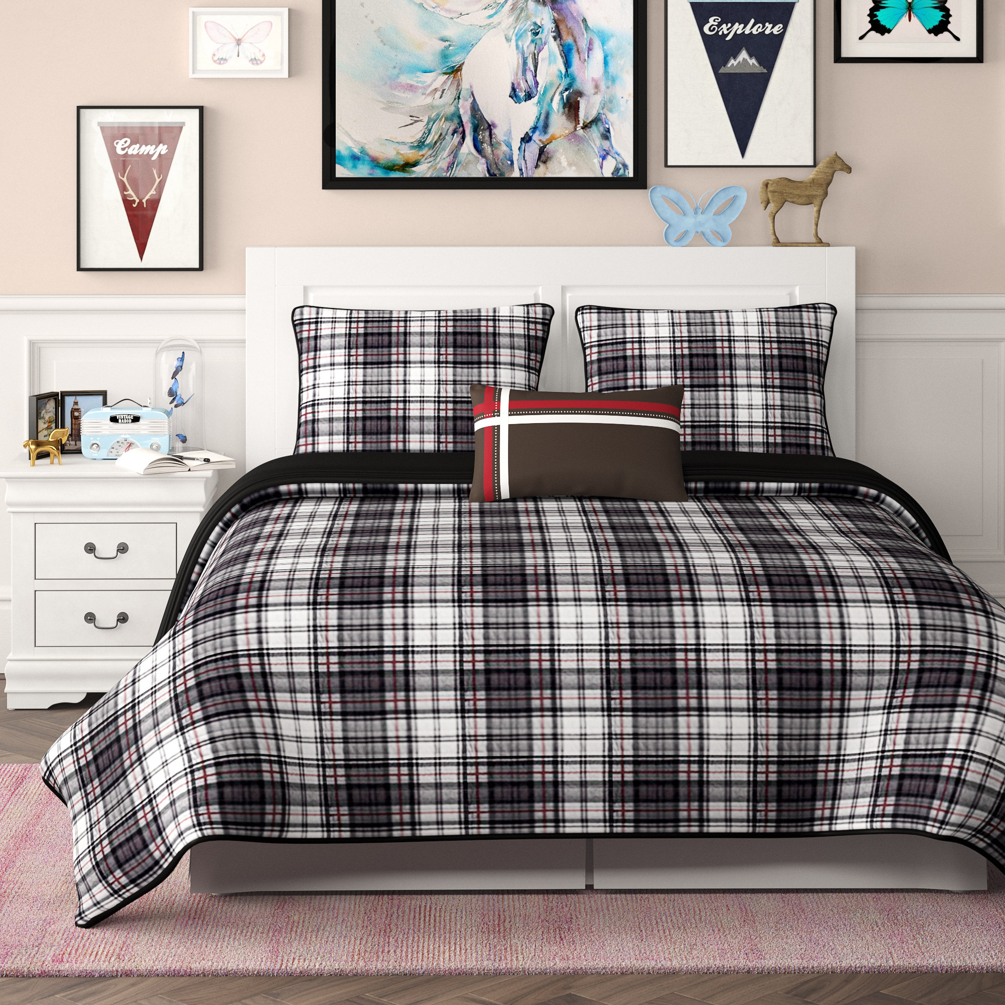 Twin//Twin XL Linen Plus Reversible Bedspread Set Squares Stripes Black White Grey New