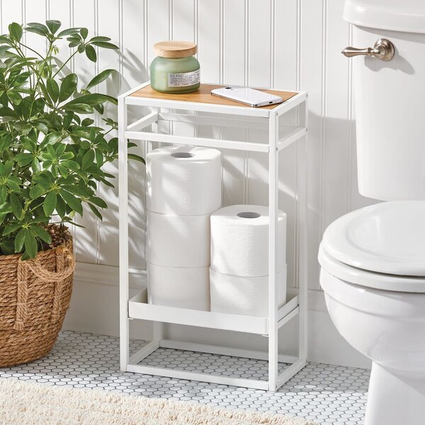 mDesign Bathroom Storage Unit Spacious Magazine Shelf and Accessory Tray Wall-Mounted Organiser with Toilet Roll Holder and 2 Baskets Chrome 