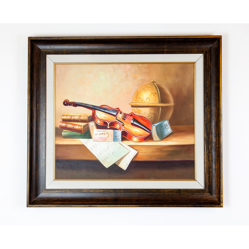 The Silver Teak Violin On A Desk Framed Oil Painting Print On