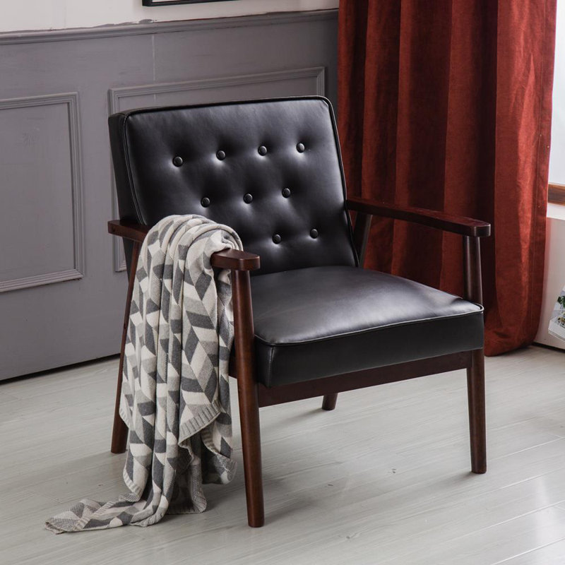 George Oliver Mid-Century Retro Modern Accent Chair Wooden Arm Upholstered Tufted Back Lounge ...