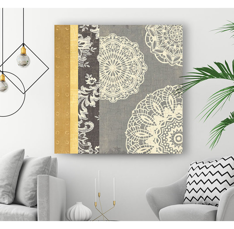 Bungalow Rose Contemporary Lace I Yellow Gray Wrapped Canvas