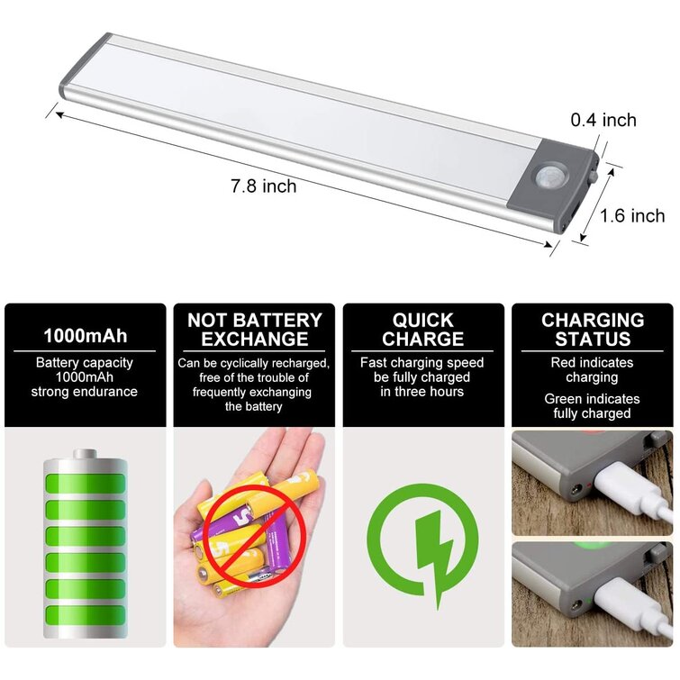 30 LED USB Rechargeable PIR Motion Sensor Closet Night Light Under Cabinet Lamp 