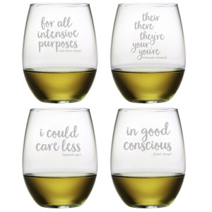 4 Piece Grammar Police 21 oz. Stemless Wine Glass Set