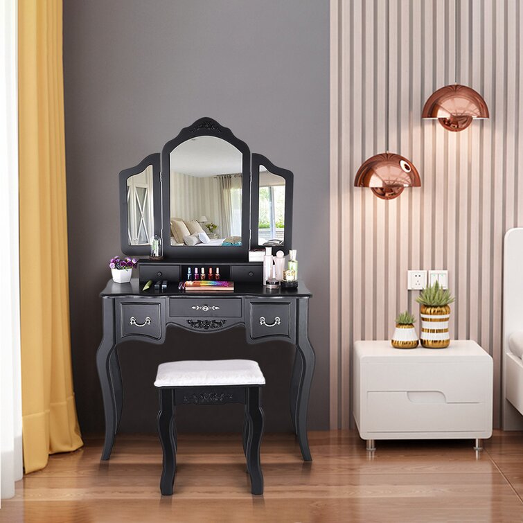 Details about   ❥Vanity Beauty Makeup Table And Wooden Stool 3 Mirrors And 5 Organization