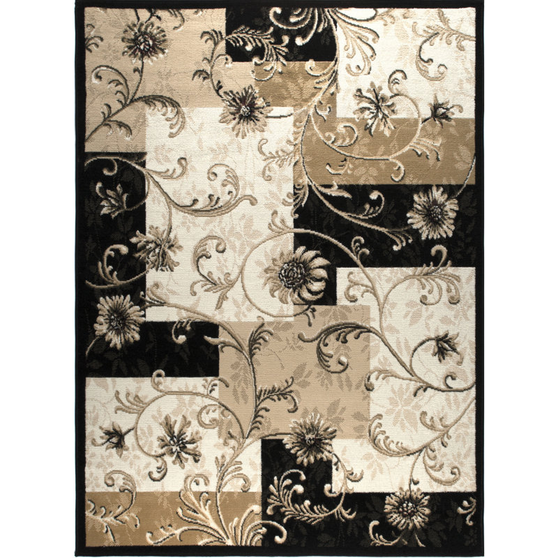 Gossard Floral Black/Ivory Area Rug Rug Size: Rectangle 7'8" x 10'4"