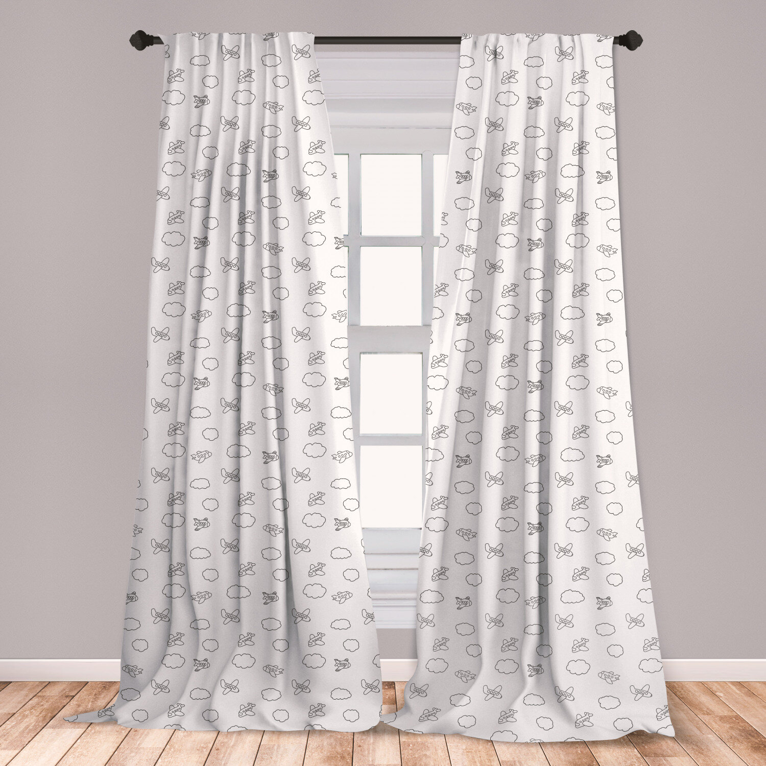 Ambesonne Airplane 2 Panel Curtain Set Childish Boys Pattern With Little Aeroplanes And Puffy Clouds In Doodle Style Lightweight Window Treatment