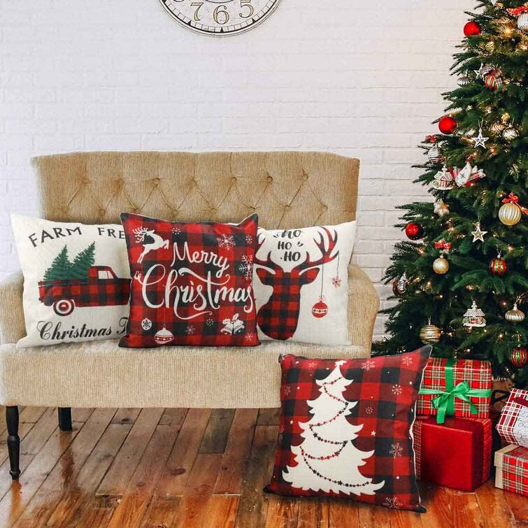 YGEOMER Christmas Pillow Covers 18×18 Inch Set of 4 Farmhouse Black and Red Buffalo Plaid Pillow Covers Holiday Rustic Linen Pillow Case for Sofa Couch Christmas Decorations Throw Pillow Covers