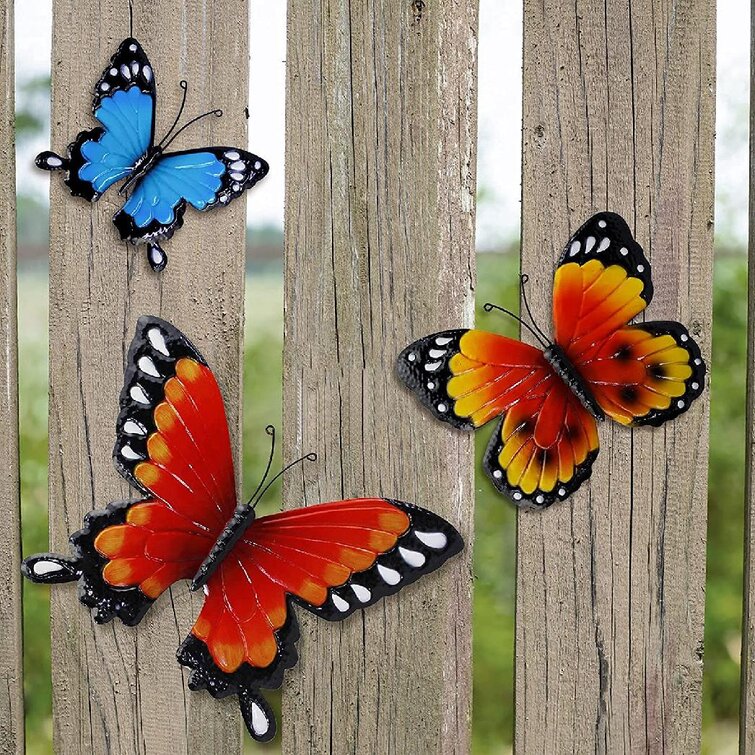3 PC Metal Butterfly Wall Art Set Fence Sculptures Outdoor Patio Deck Home Decor 