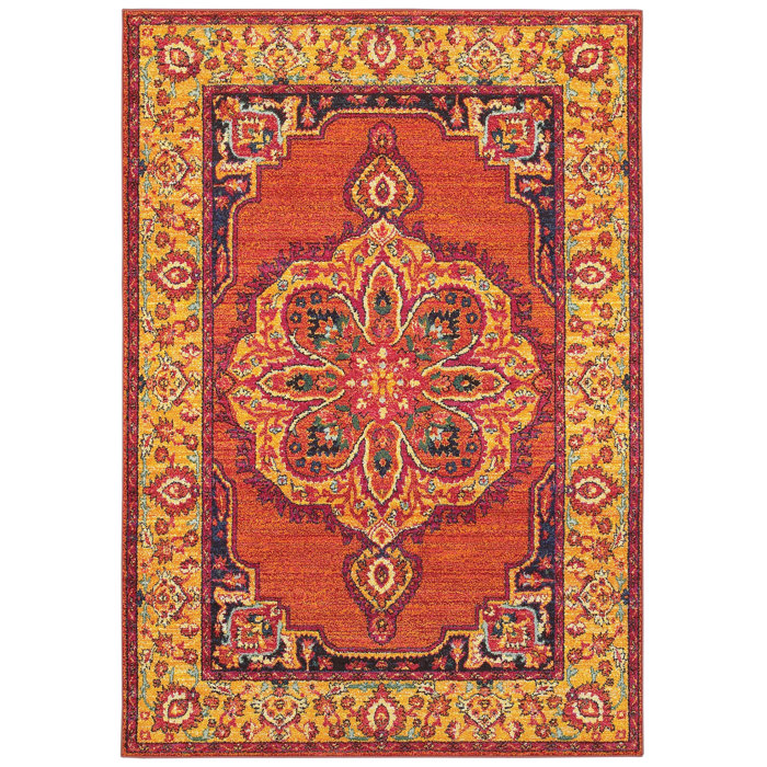 Belmonte Boho Chic Medallion Orange Yellow Area Rug