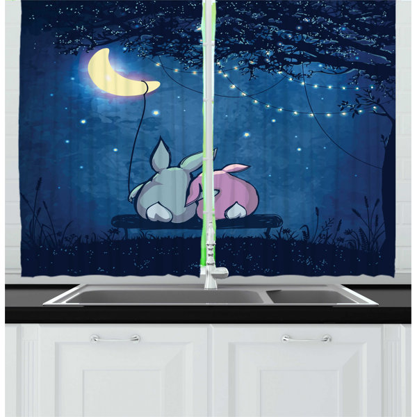 East Urban Home 2 Piece Half Moon Rabbit Couple Under Starry Night Sky Kitchen Curtain Set Wayfair