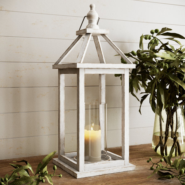 2 Sleek Contemporary Candle Lanterns Distressed Ivory w/ Clear Glass 13" High 