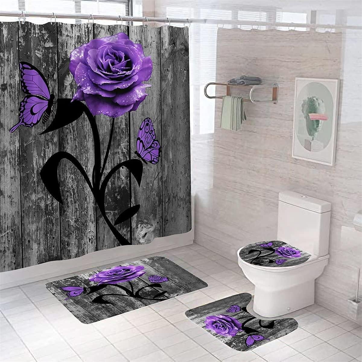 3D Butterfly Bathroom Rug Set Shower Curtain Skidproof Toilet Lid Cover Bath Mat 