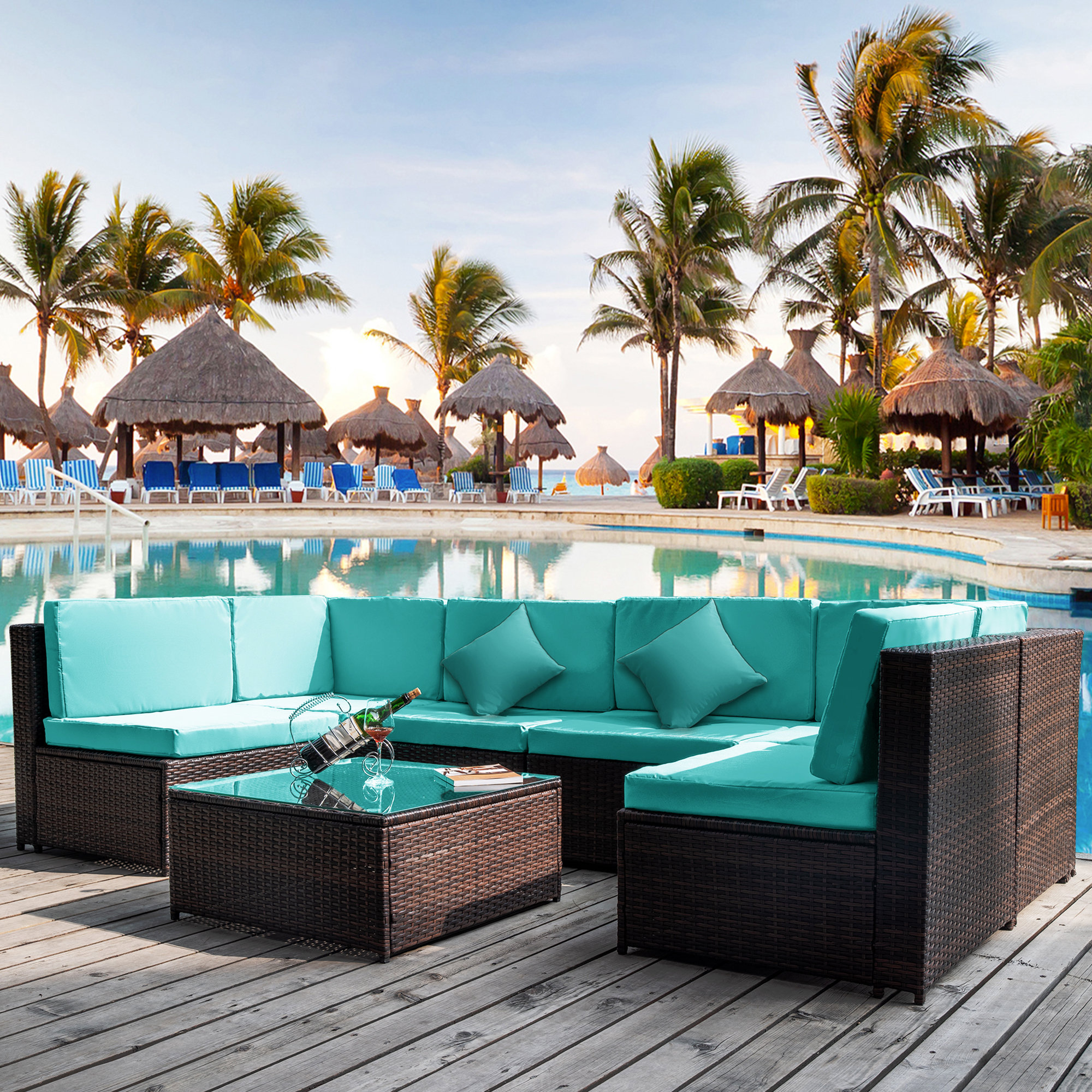 Latitude Run Patio Furniture Set Pe Rattan Sectional Garden Furniture Corner Sofa Set 7 Pieces Blue Wayfair Ca
