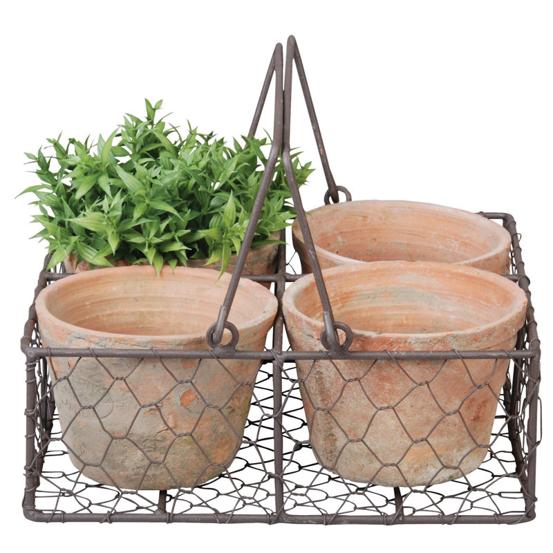 4-Piece Terracotta Pot Planter Set in Metal Basket