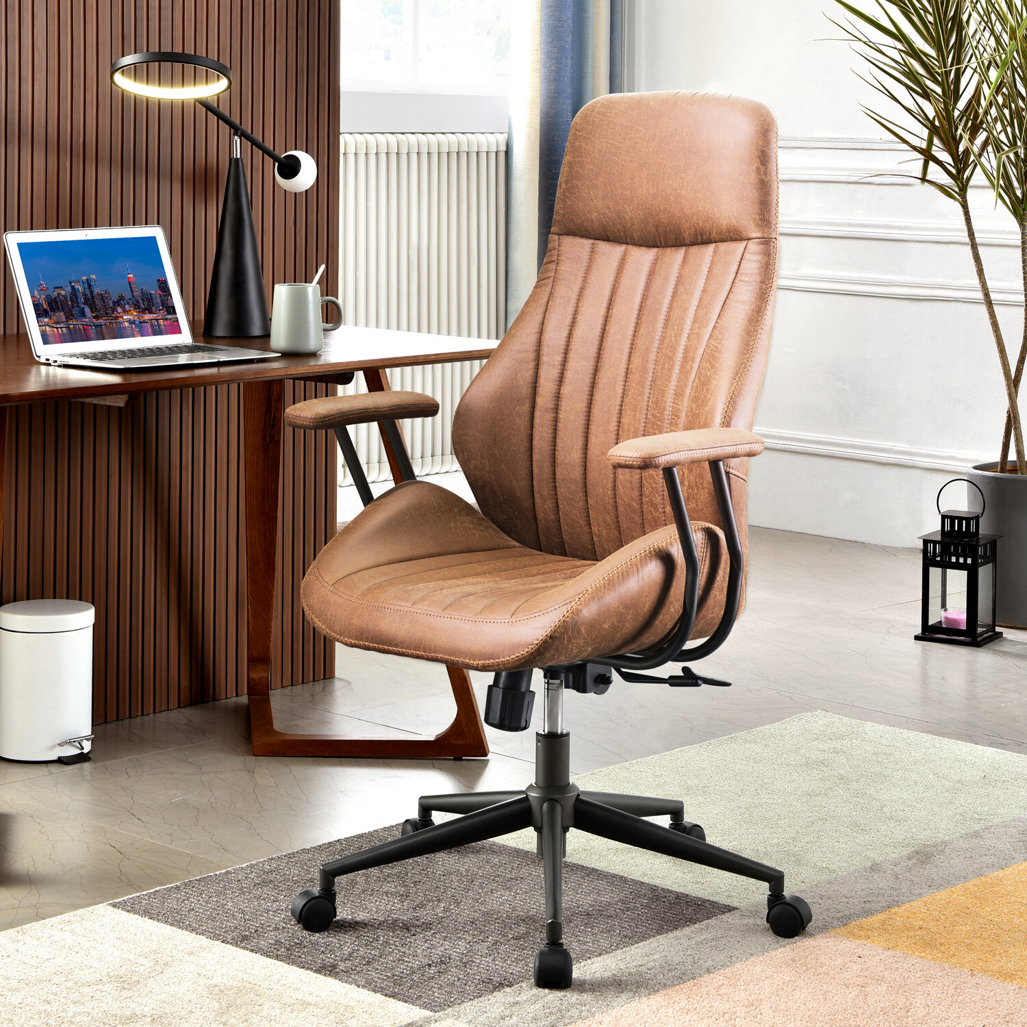Camel Color Office Chair - It showcases a modified wingback design with