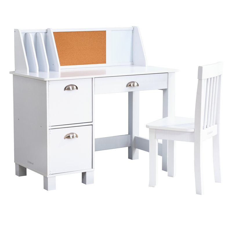 Children's Wooden Study Desk with Hutch and Chair Color: White