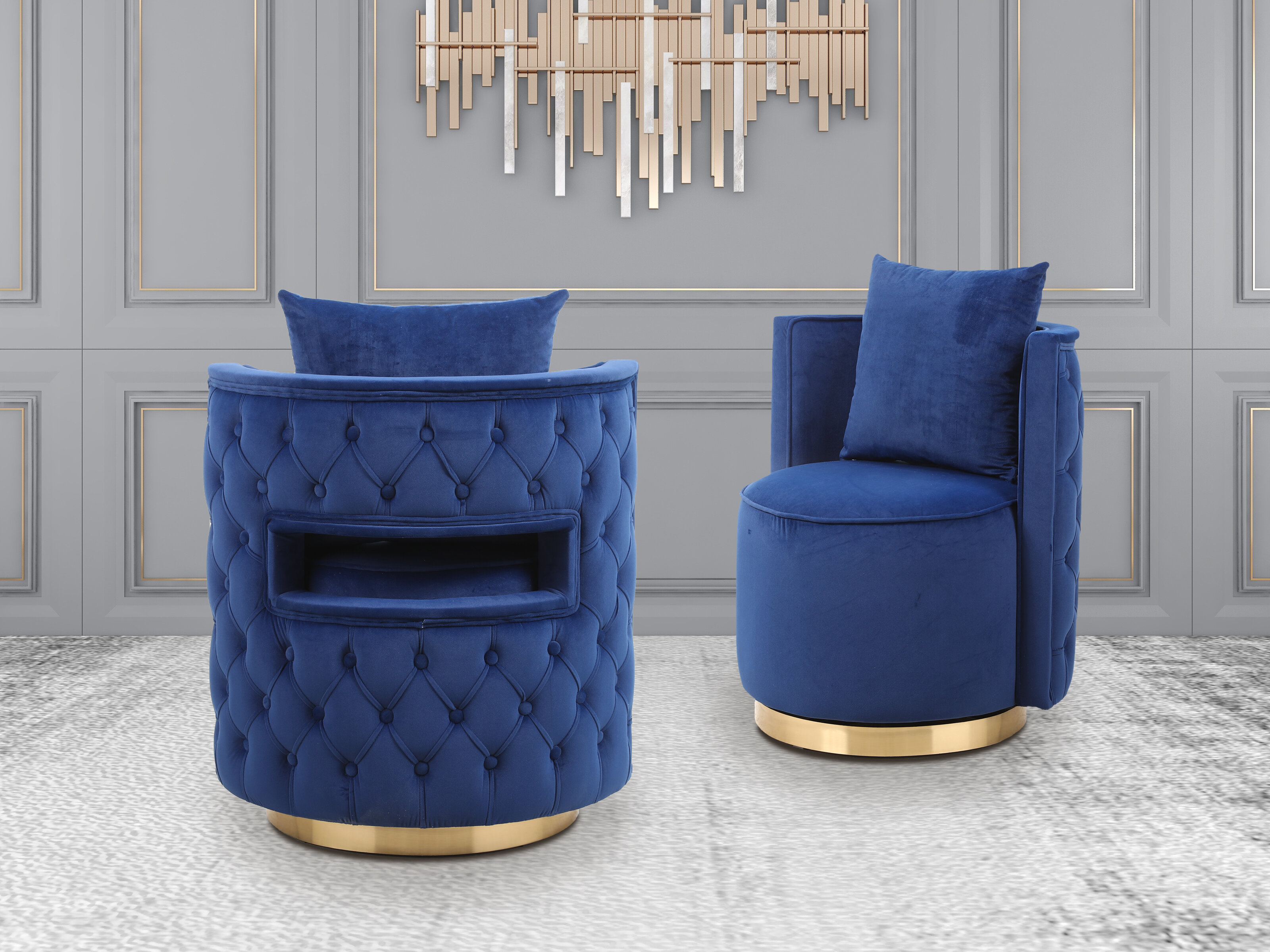 blue upholstered swivel chair