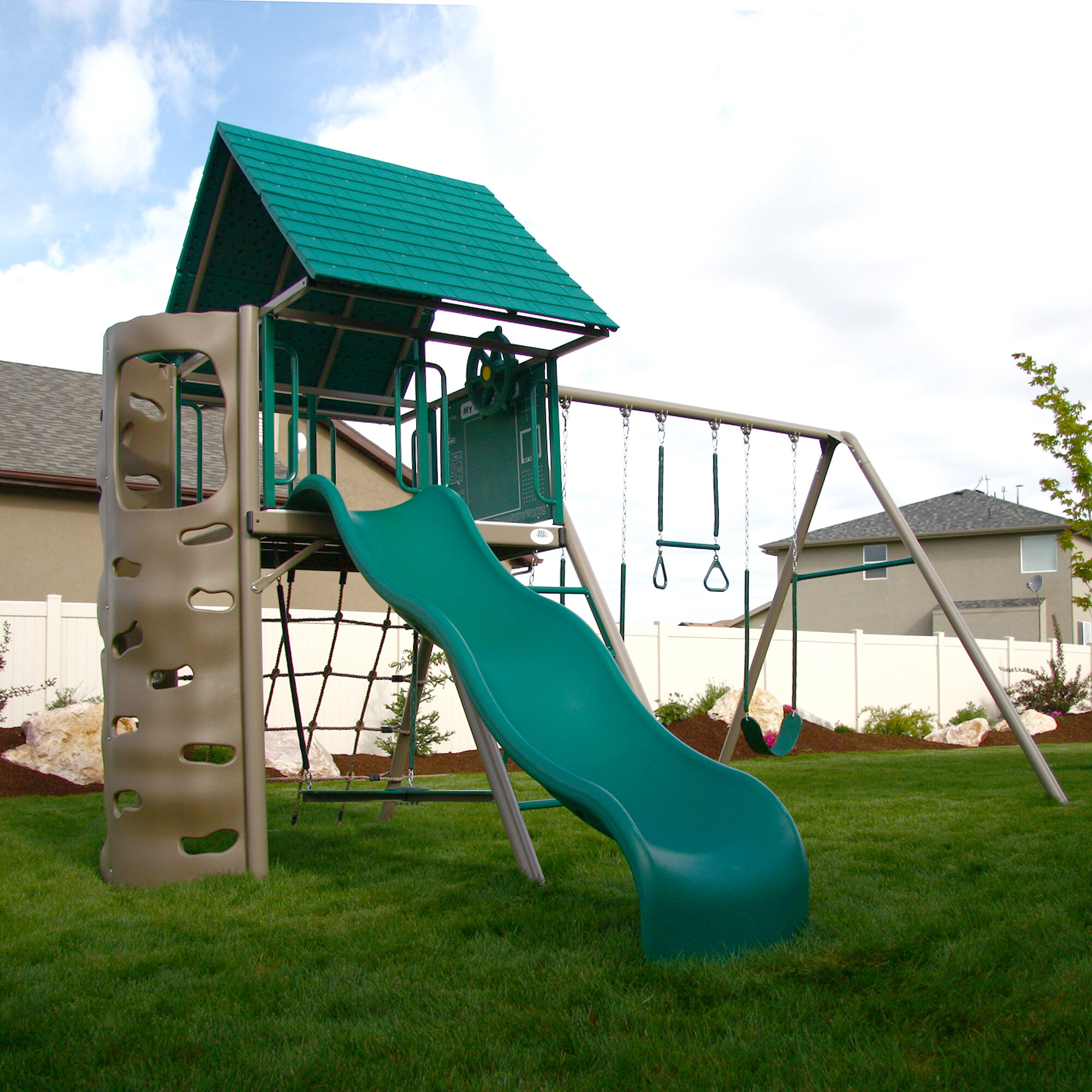 a frame swing set with slide