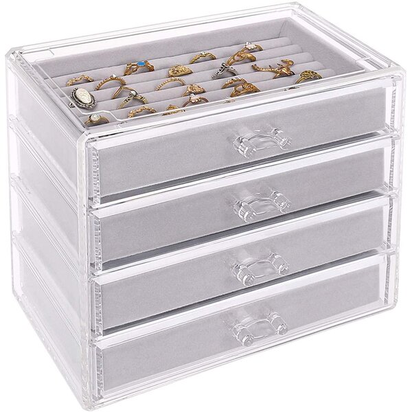 Jewelry Rings Storage Box Organizer 8 Booths 2 Layer Velvet Case Clear Lid 
