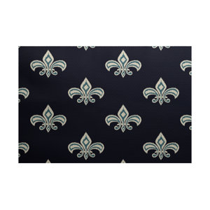 Bayliff Fleur de Lis Ikat Print Navy Blue Indoor/Outdoor Area Rug