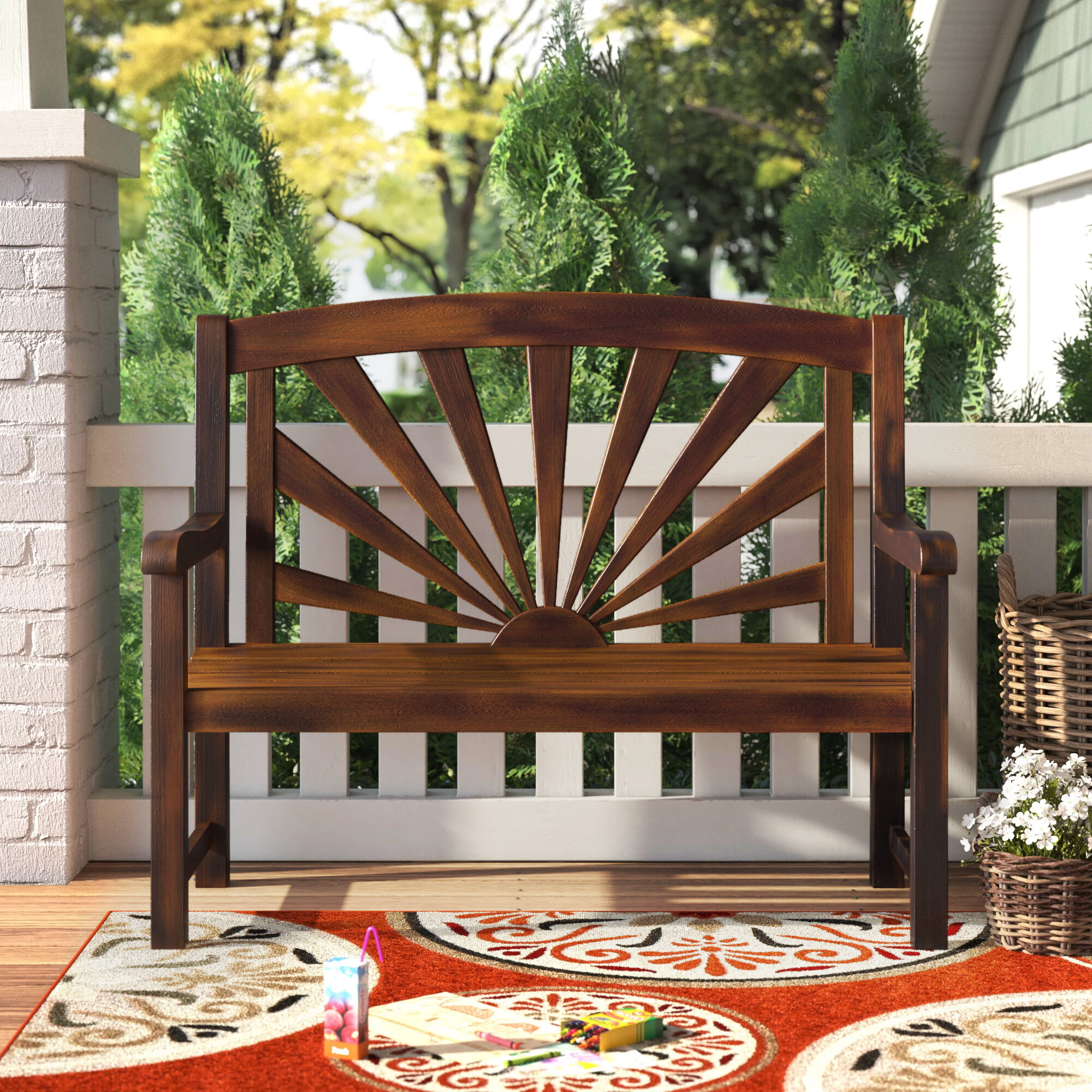 Outdoor Brown Finish Solid Wood Slatted Fire Pit Bench Lawn Garden Furniture 