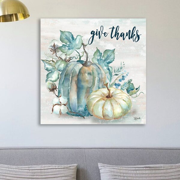'Blue Harvest Watercolor Pumpkin, Give Thanks' Watercolor Painting Print on Wrapped Canvas