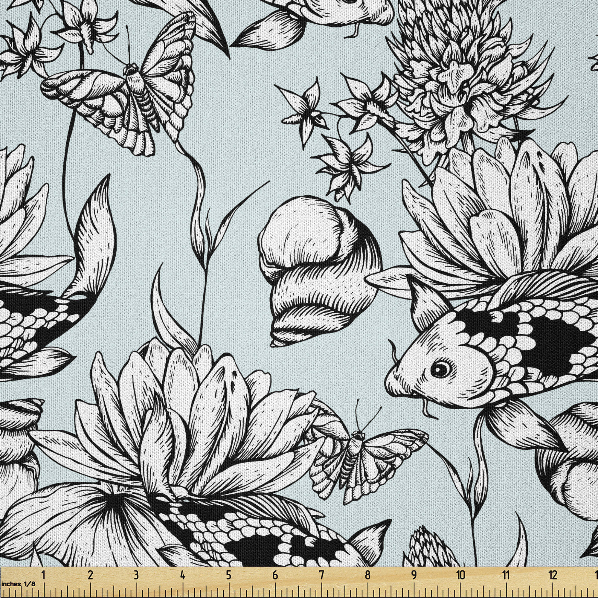 East Urban Home Ambesonne Shabby Flora Fabric By The Yard Vintage Monochrome Pond Water Flowers Lily Carp Snail Twigs Art Microfiber Fabric For Arts And Crafts Textiles Decor 1 Yard Baby
