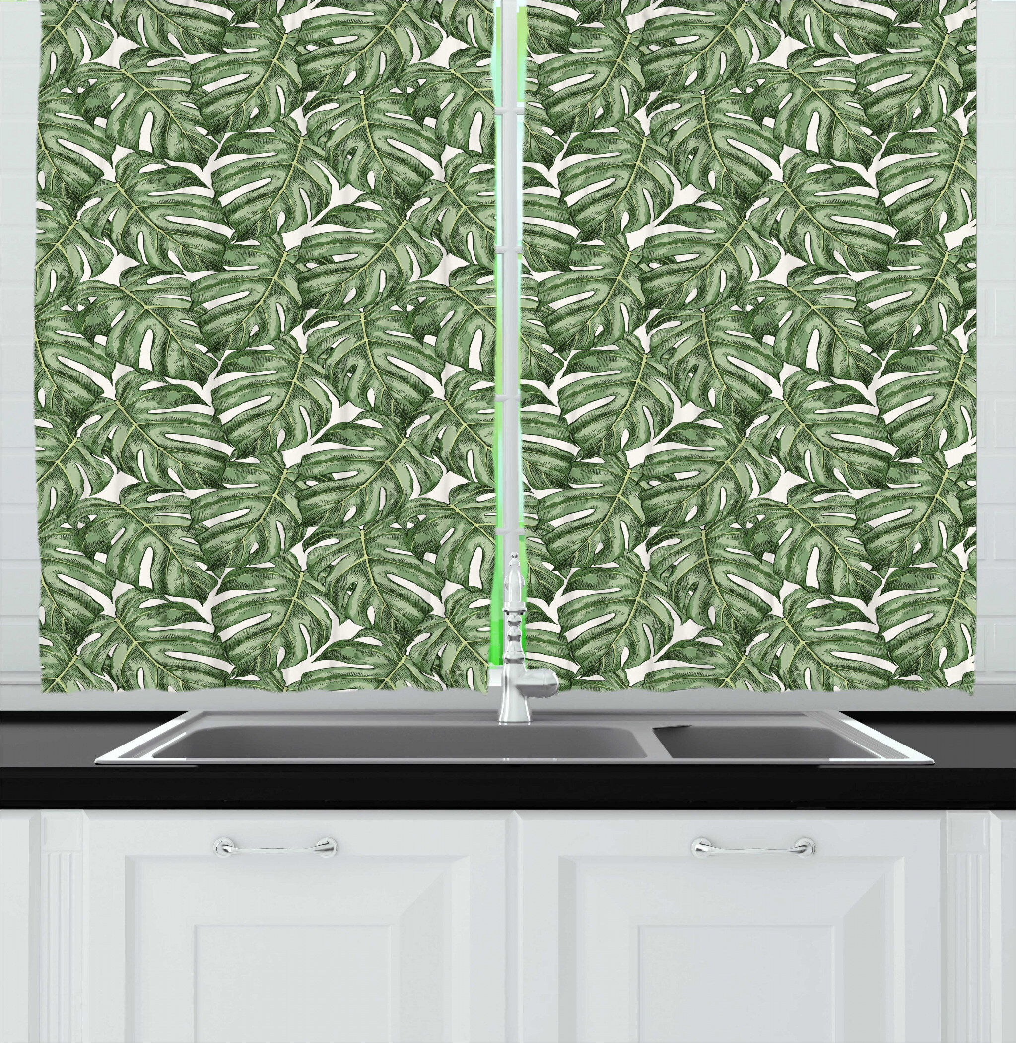 East Urban Home Floral 55'' Kitchen Curtain in Reseda Green | Wayfair