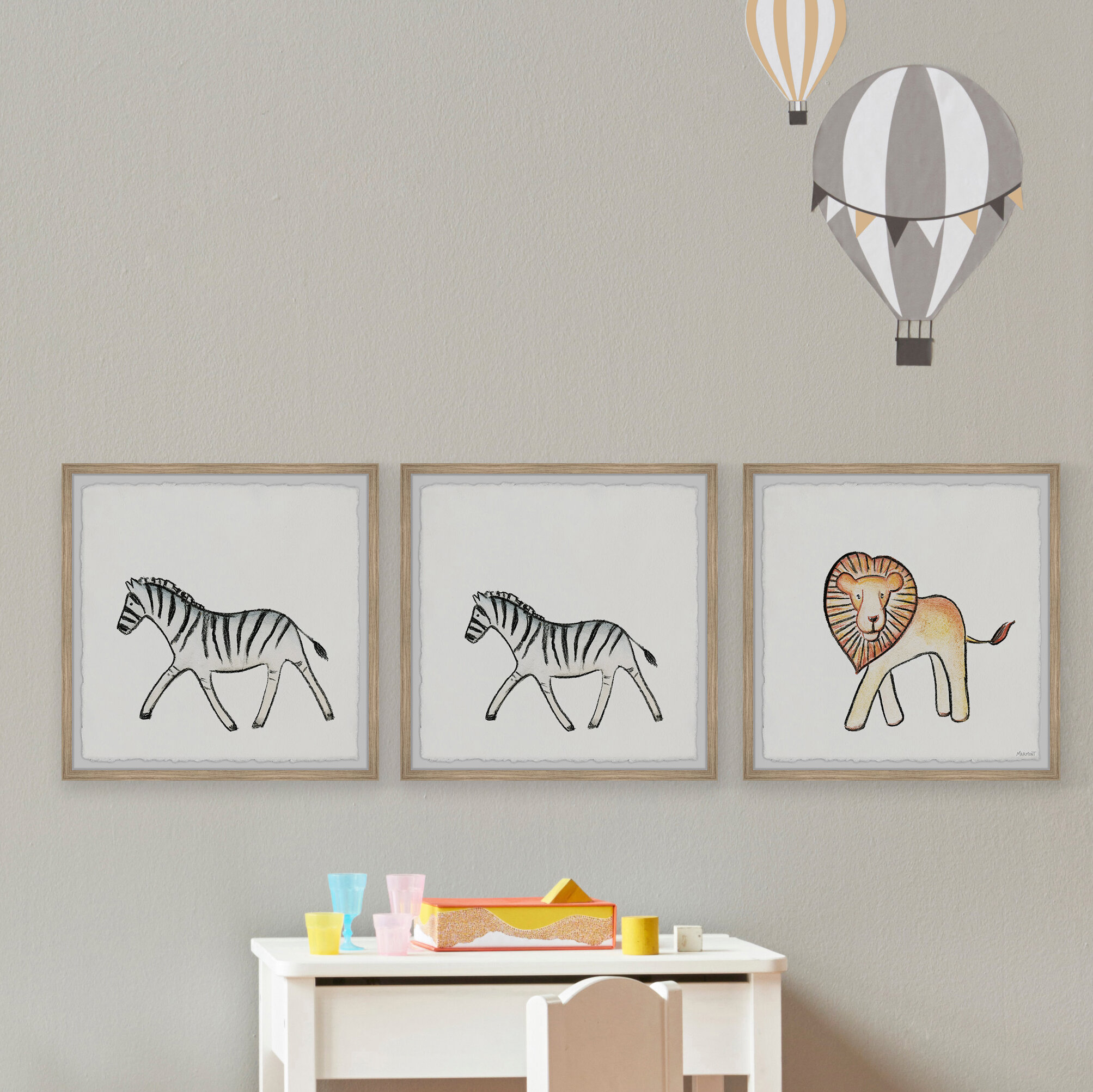 Isabelle Max Stamper Striped Zebras And Lion 3 Piece Framed Art Set Wayfair
