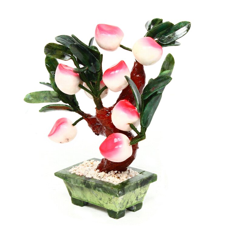 Jade Peach Bonsai Decor Hardstone Gemstone Tree Fruit Plant Feng Shui Prosperity 